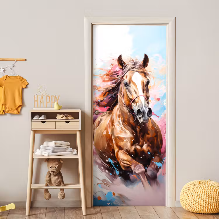 Paard - Meisjes - Blauw - Roze deurposter klein -sfeer4