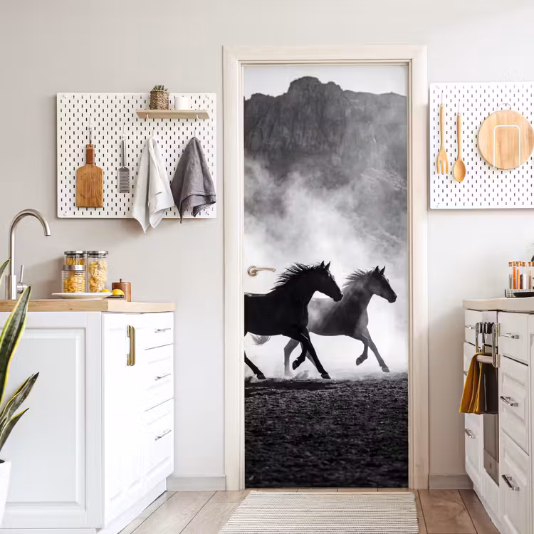 Paard - Ren - Stof - Zwart-wit - Dieren deurposter klein -sfeer5