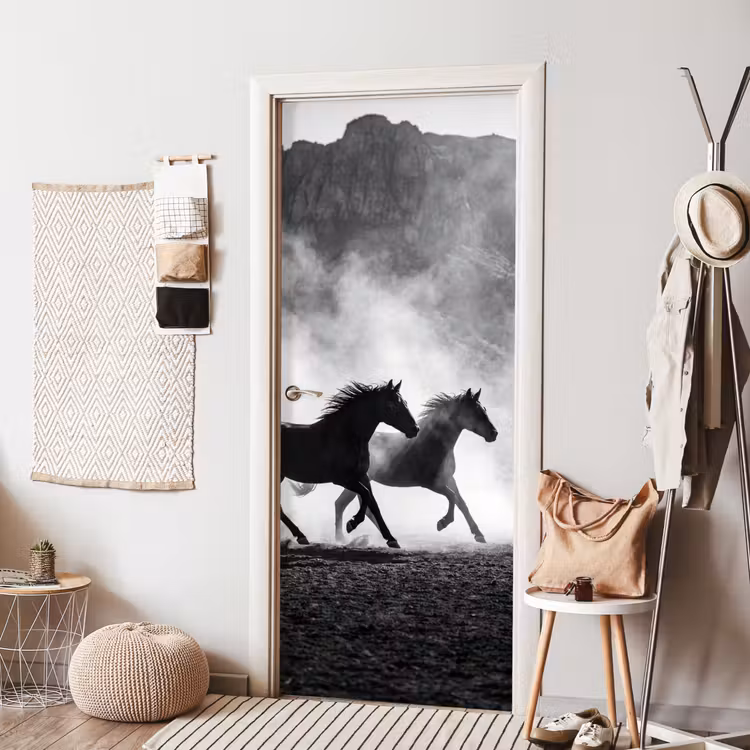 Paard - Ren - Stof - Zwart-wit - Dieren deurposter klein -sfeer6