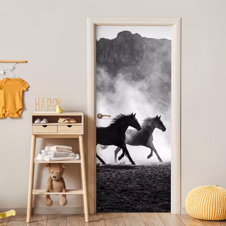 Paard - Ren - Stof - Zwart-wit - Dieren deurposter klein -sfeer4