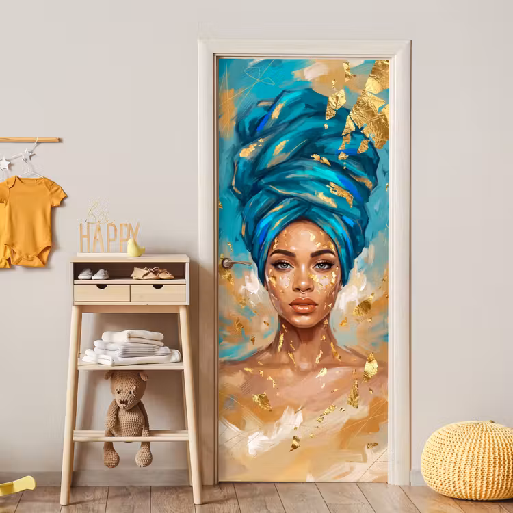 Portret - Vrouw - Schilderij - Blauw - Goud - Expressief deurposter klein -sfeer4