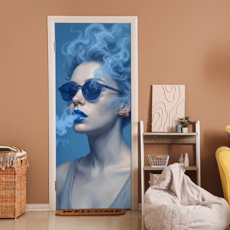 Portret - Zonnebril - Rook - Abstract - Blauw deurposter klein -sfeer1