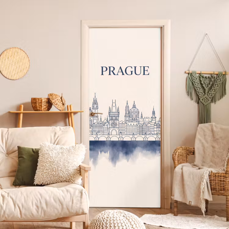 Praag - Skyline - Architectuur - Blauw deurposter klein -sfeer2