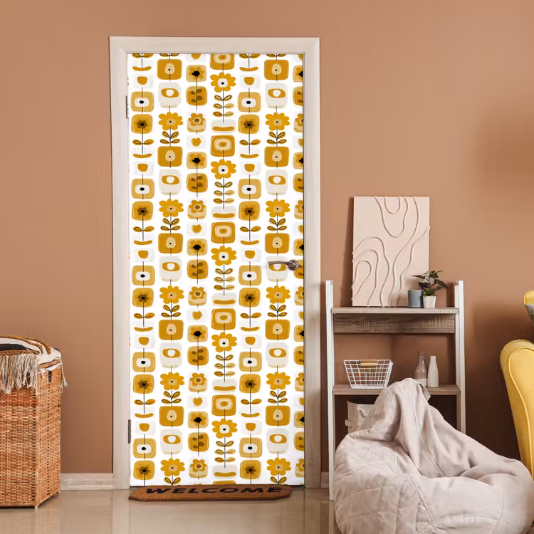 Retro - Abstract - Bloemen - Okergeel deurposter klein 289 -sfeer1