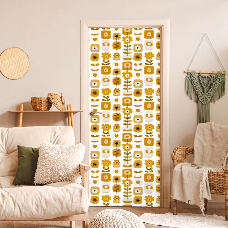 Retro - Abstract - Bloemen - Okergeel deurposter klein 289 -sfeer2