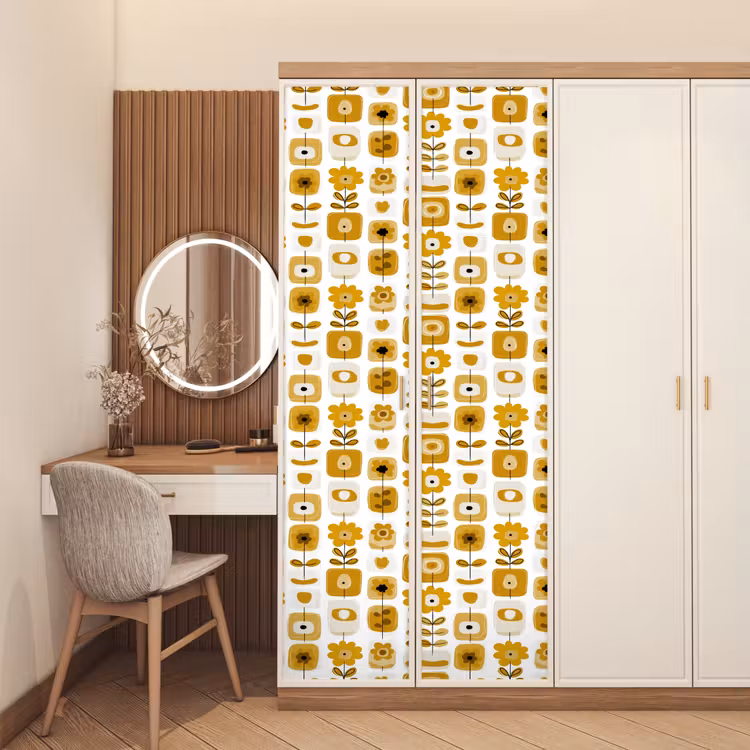 Retro - Abstract - Bloemen - Okergeel deurposter klein 289 -sfeer3
