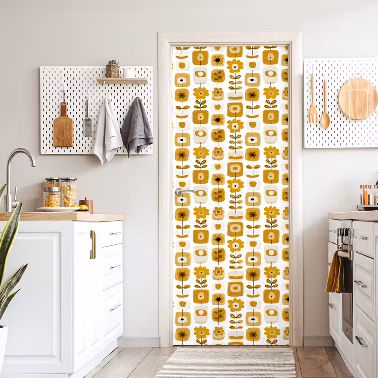 Retro - Abstract - Bloemen - Okergeel deurposter klein 289 -sfeer5