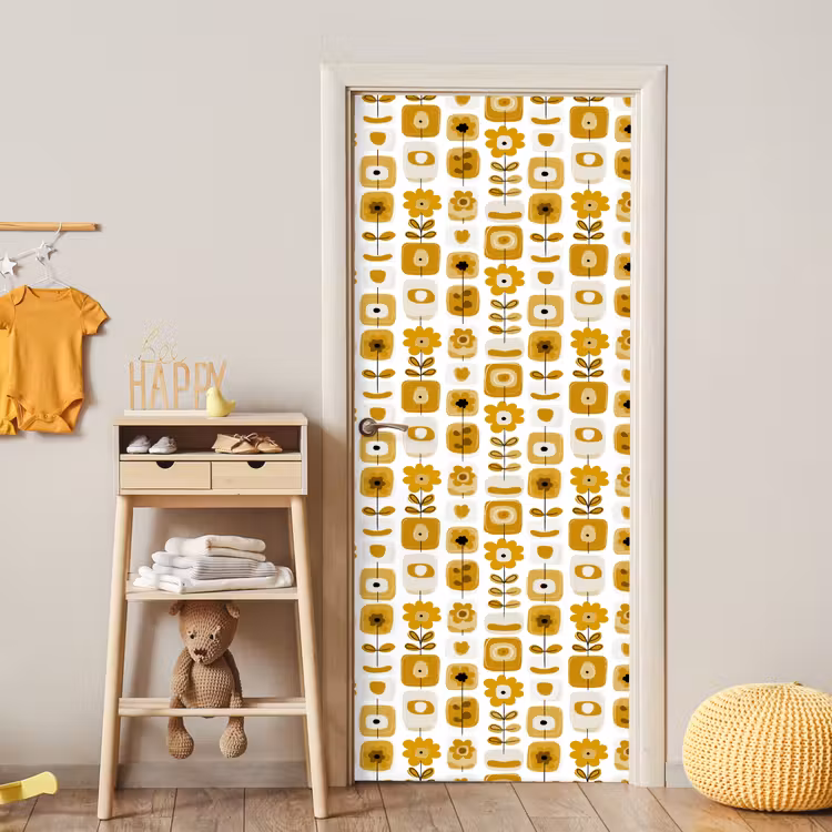 Retro - Abstract - Bloemen - Okergeel deurposter klein 289 -sfeer4