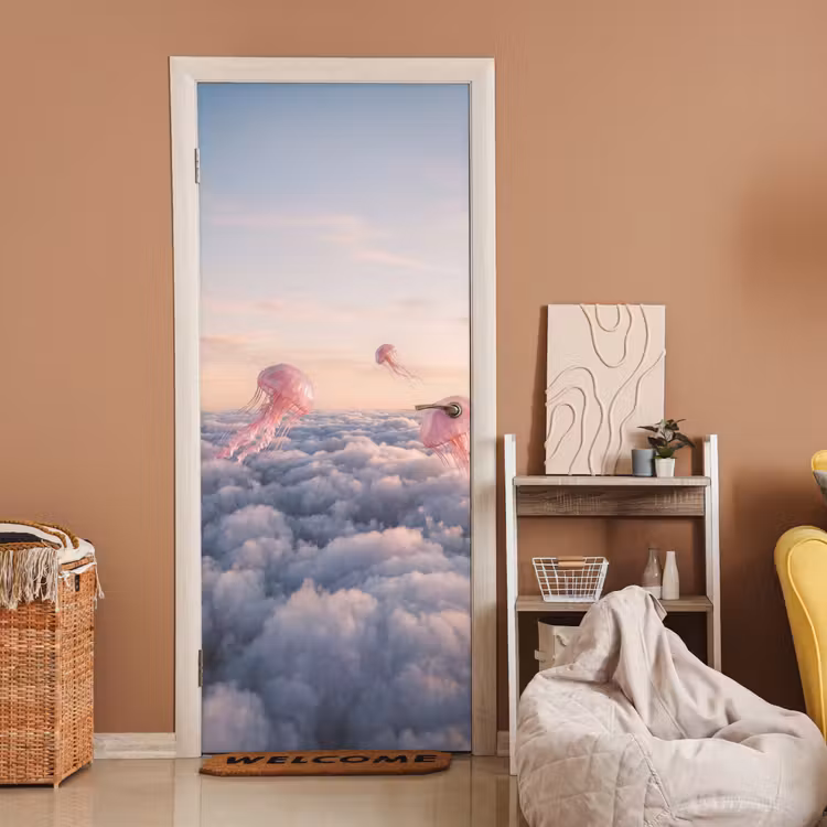 Türtapete - Rosa Tier – Wolken - Roze dier - Wolken deurposter klein