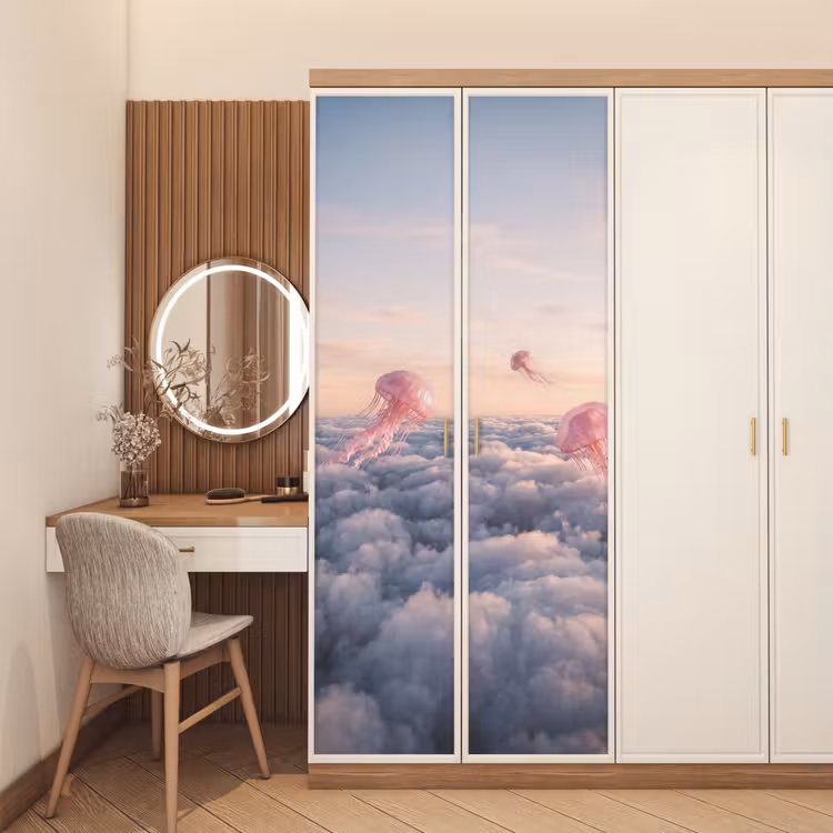 Türtapete - Rosa Tier – Wolken - Roze dier - Wolken deurposter klein