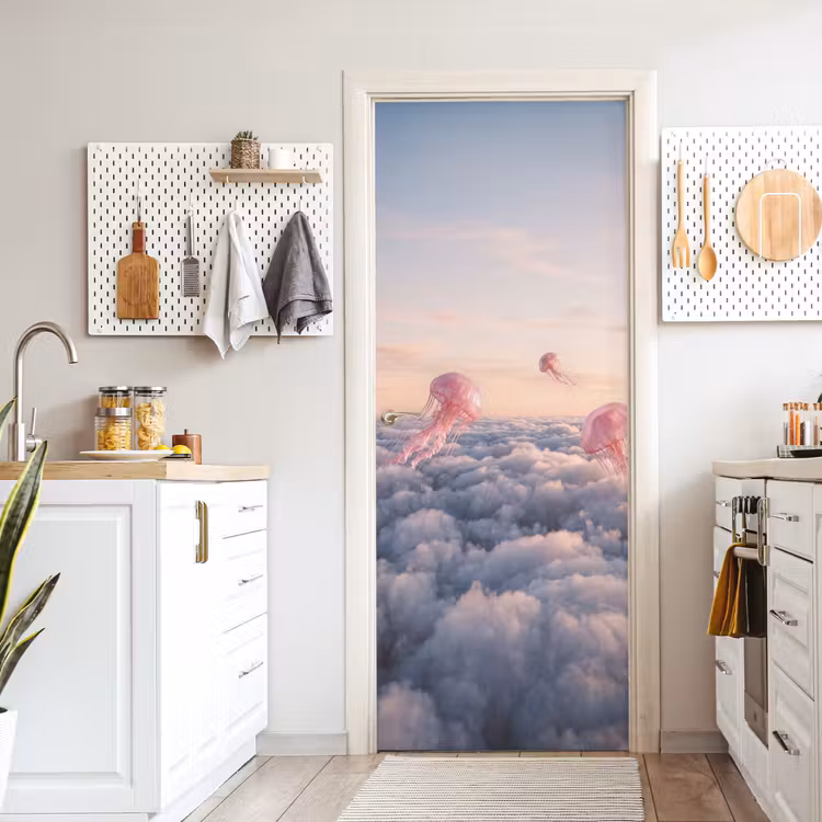 Türtapete - Rosa Tier – Wolken - Roze dier - Wolken deurposter klein