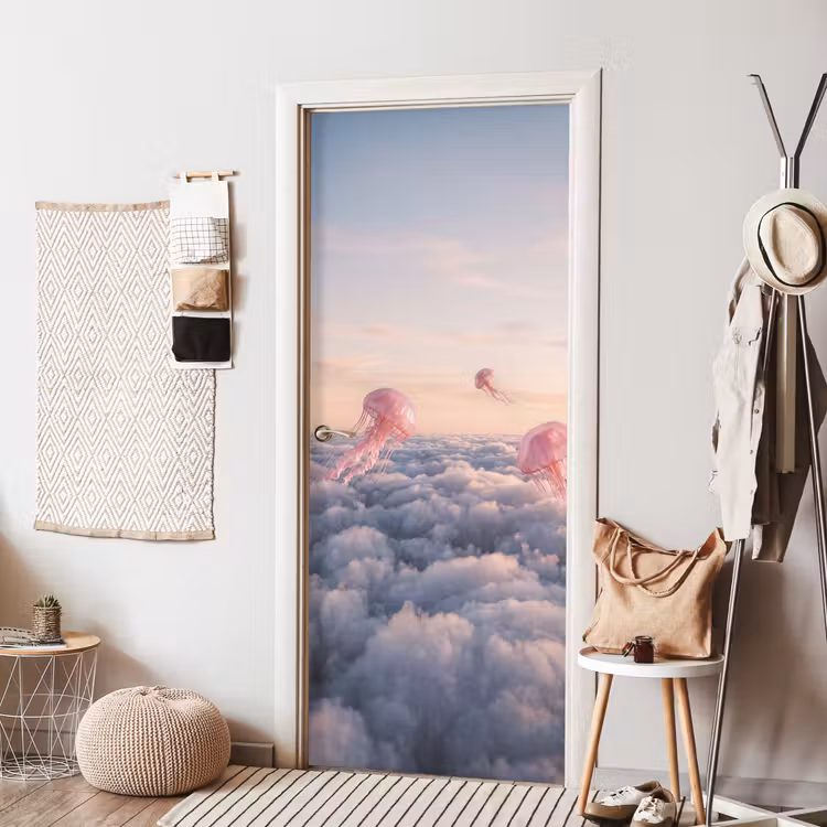 Türtapete - Rosa Tier – Wolken - Roze dier - Wolken deurposter klein