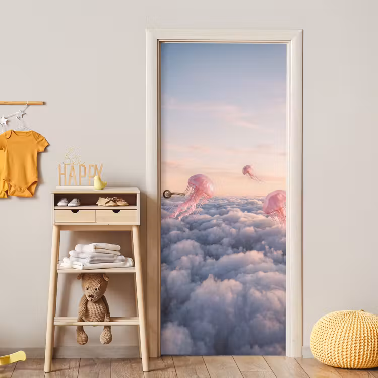 Türtapete - Rosa Tier – Wolken - Roze dier - Wolken deurposter klein