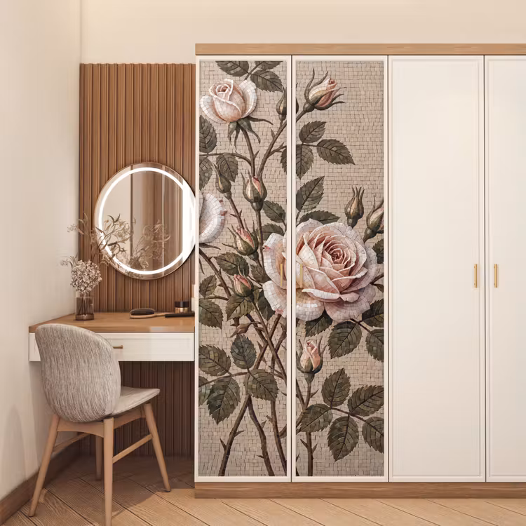 Roos - Mozaïek - Bloemen - Klassiek - Beige deurposter klein -sfeer3