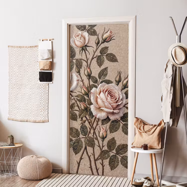 Roos - Mozaïek - Bloemen - Klassiek - Beige deurposter klein -sfeer6