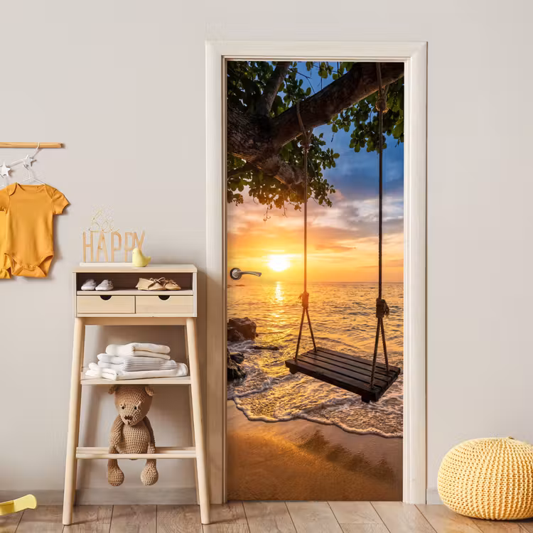 Schommel - Strand - Zonsondergang - Natuur - Oranje deurposter klein -sfeer4