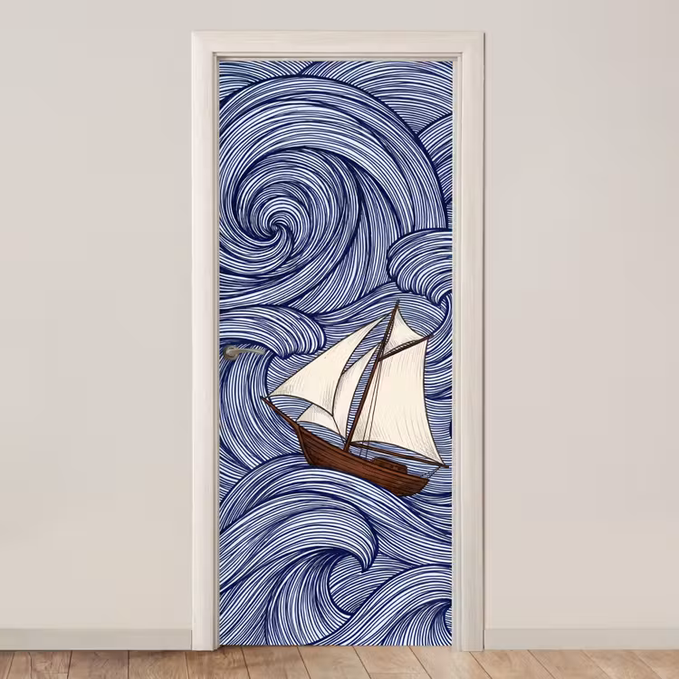 Schip - Golven - Zee - Illustratie - Blauw deurposter klein -3d_beige