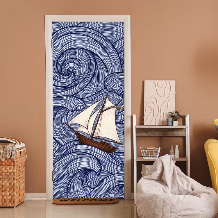 Schip - Golven - Zee - Illustratie - Blauw deurposter klein -sfeer1