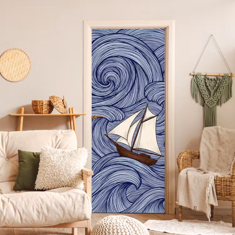 Schip - Golven - Zee - Illustratie - Blauw deurposter klein -sfeer2