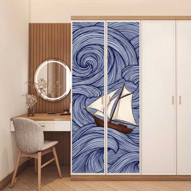 Schip - Golven - Zee - Illustratie - Blauw deurposter klein -sfeer3