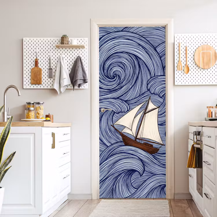 Schip - Golven - Zee - Illustratie - Blauw deurposter klein -sfeer5
