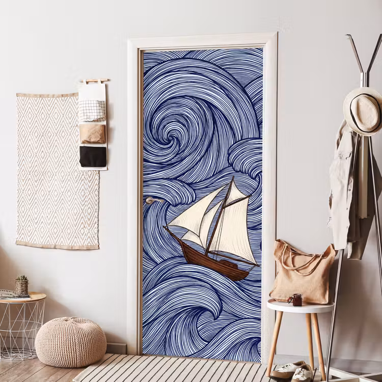 Schip - Golven - Zee - Illustratie - Blauw deurposter klein -sfeer6