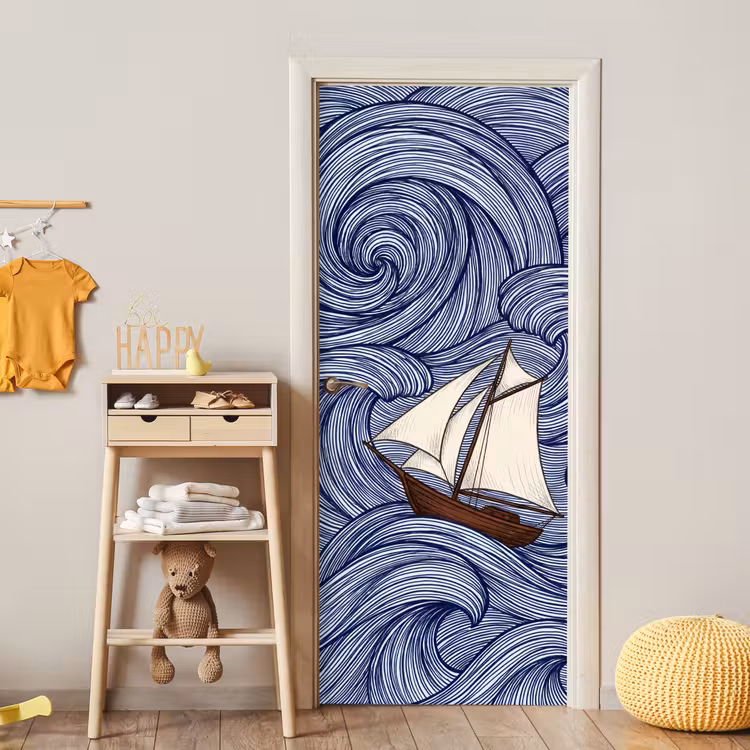 Schip - Golven - Zee - Illustratie - Blauw deurposter klein -sfeer4
