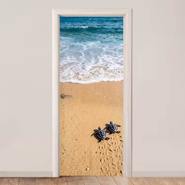 Schildpad - Jong - Strand - Oceaan - Blauw deurposter klein -3d_beige