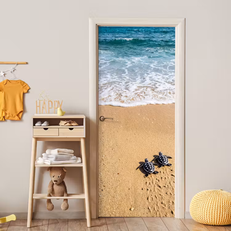Schildpad - Jong - Strand - Oceaan - Blauw deurposter klein -sfeer4