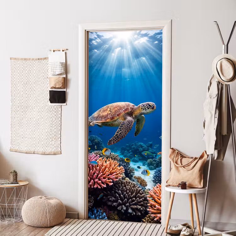 Schildpad - Koraalrif - Oceaan - Dieren - Blauw deurposter klein -sfeer6