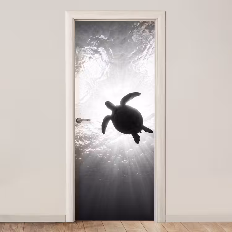Schildpad - Onderwater - Lichtstralen - Oceaan - Zwart-wit deurposter klein -3d_beige