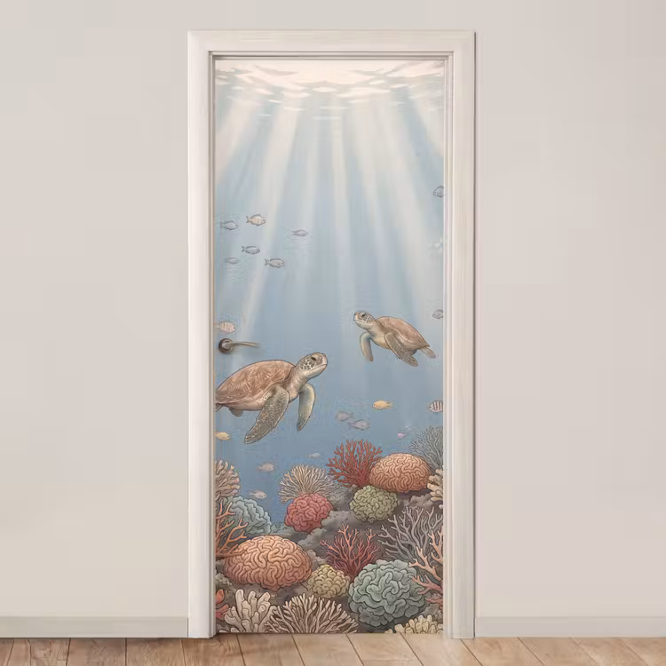 Schildpad - Onderwater - Natuur - Illustratie deurposter klein -3d_beige