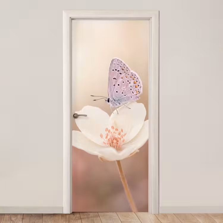 Vlinder - Bloem - Blauw deurposter klein -3d_beige