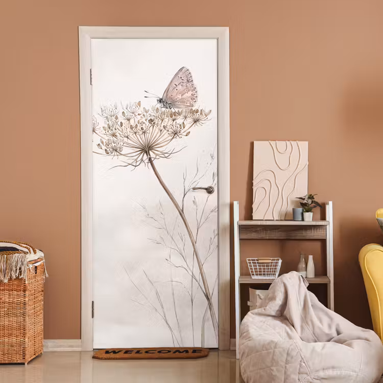 Vlinder - Bloem -Natuur - Beige deurposter klein -sfeer1