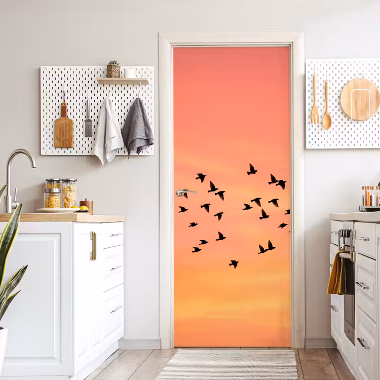 Zwerm - Vogels - Oranje deurposter klein -sfeer5