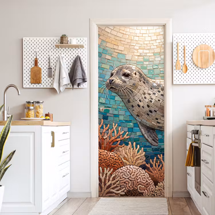 Zeehond - Mozaïek - Onderwater - Dieren - Blauw deurposter klein -sfeer5