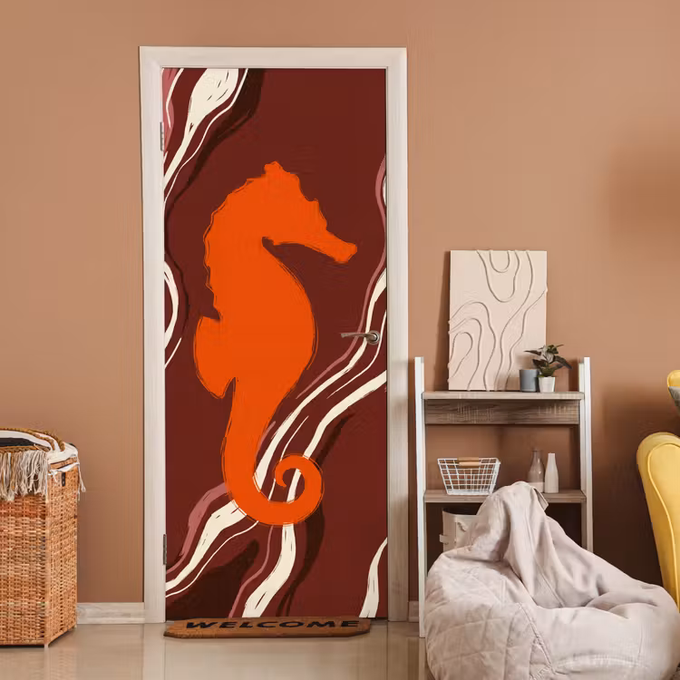 Zeepaardje - Golven - Zeeleven - Abstract - Oranje deurposter klein -sfeer1