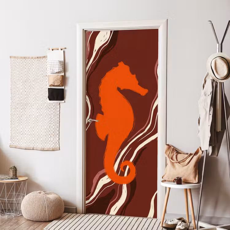 Zeepaardje - Golven - Zeeleven - Abstract - Oranje deurposter klein -sfeer6