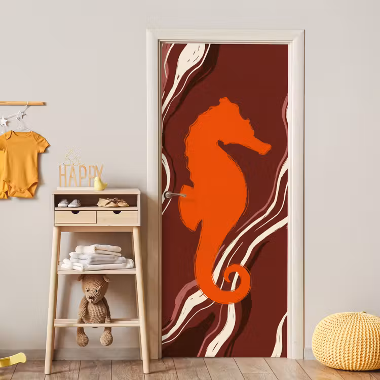 Zeepaardje - Golven - Zeeleven - Abstract - Oranje deurposter klein -sfeer4