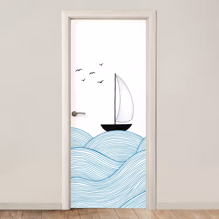 Zeilboot - Golven - Zee - Illustratie - Blauw deurposter klein -3d_beige