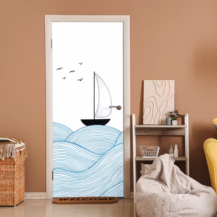 Zeilboot - Golven - Zee - Illustratie - Blauw deurposter klein -sfeer1