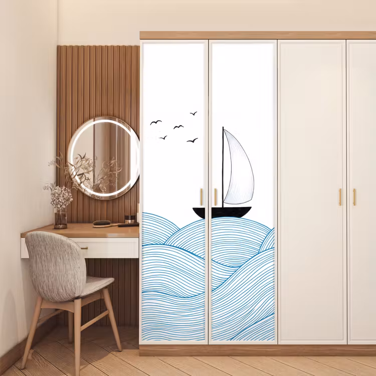 Zeilboot - Golven - Zee - Illustratie - Blauw deurposter klein -sfeer3