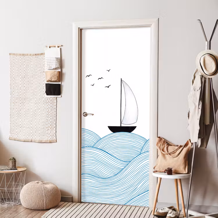 Zeilboot - Golven - Zee - Illustratie - Blauw deurposter klein -sfeer6