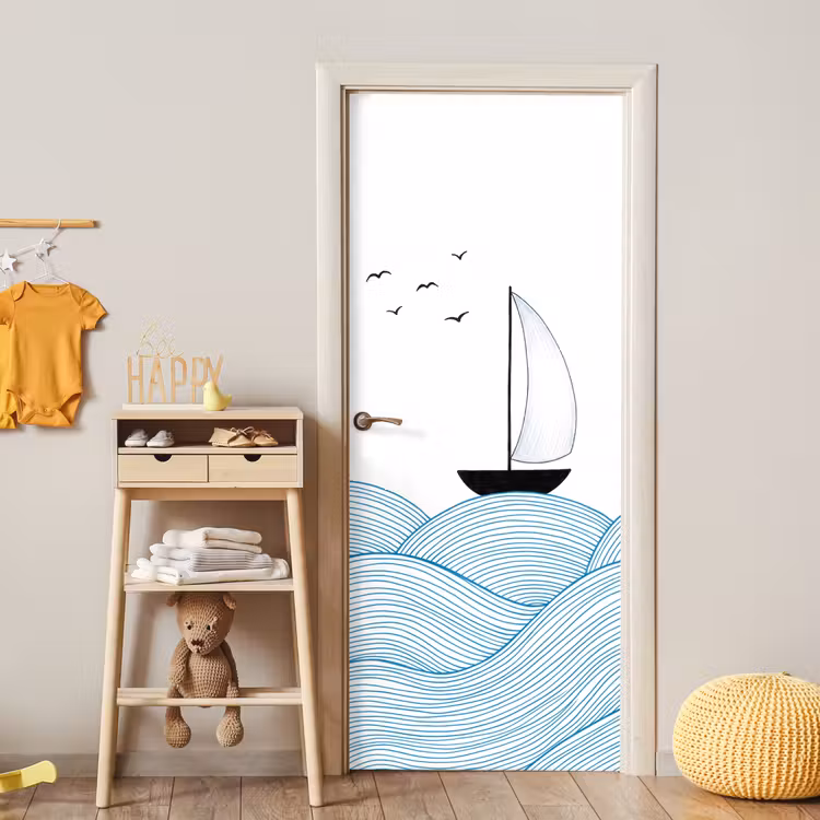 Zeilboot - Golven - Zee - Illustratie - Blauw deurposter klein -sfeer4