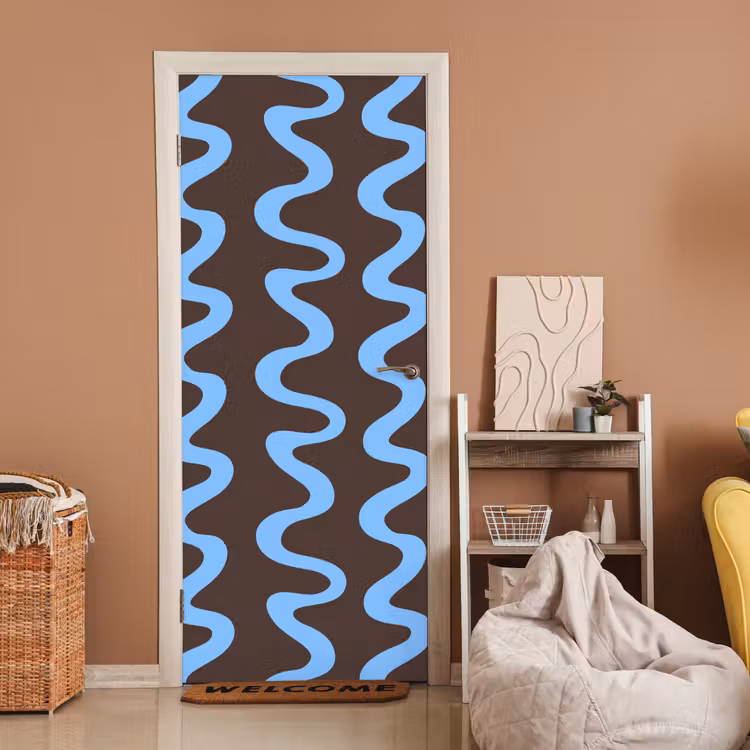Kronkelende lijnen - Blauw - Bruin - Minimalistisch deurposter klein 289 -sfeer1