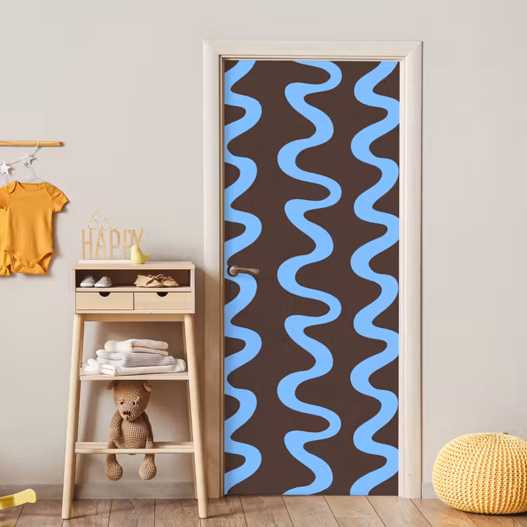 Kronkelende lijnen - Blauw - Bruin - Minimalistisch deurposter klein 289 -sfeer4