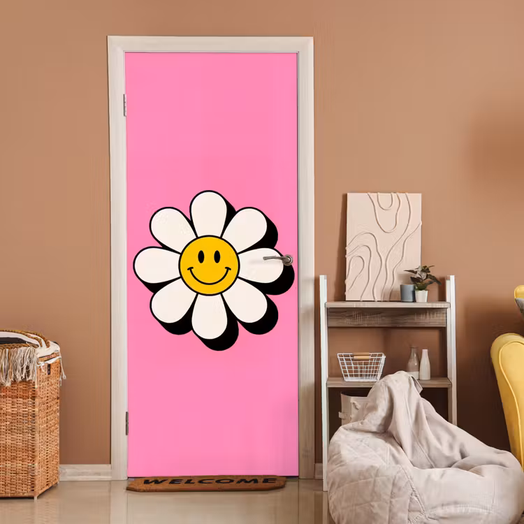 Smiley - Bloem - Roze deurposter klein -sfeer1