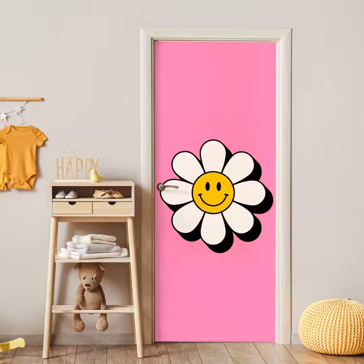 Smiley - Bloem - Roze deurposter klein -sfeer4