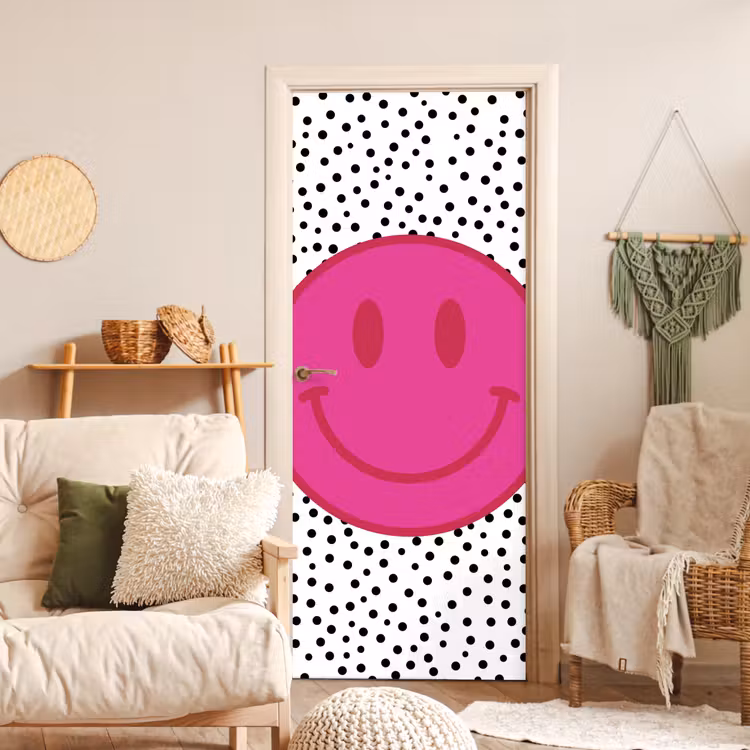 Smiley - Roze - Stippen deurposter klein -sfeer2