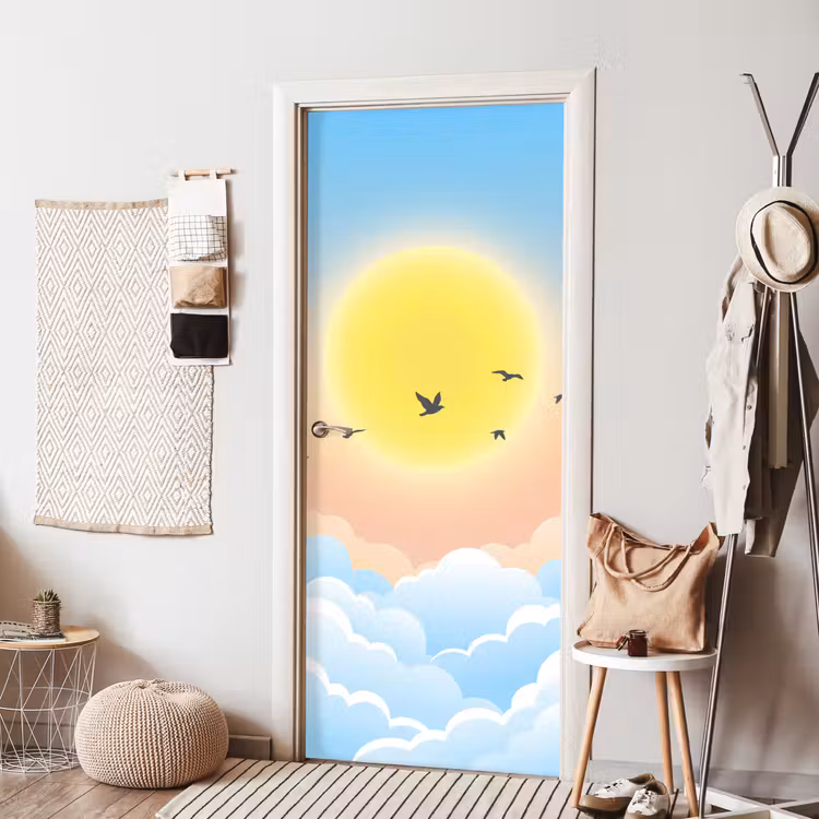 Zon - Vogels - Lucht - Natuur - Geel deurposter klein -sfeer6